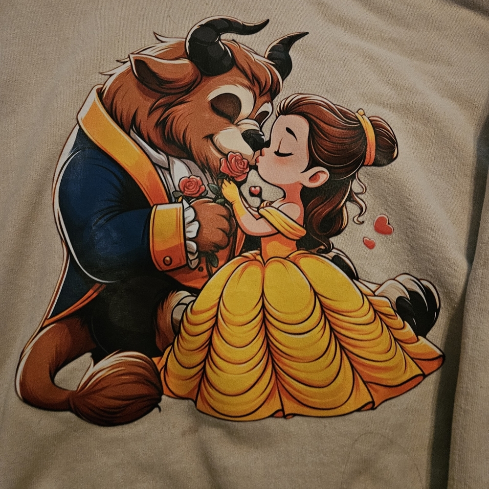 Gildan Beige Sweatshirt with Beauty and the Beast Graphic